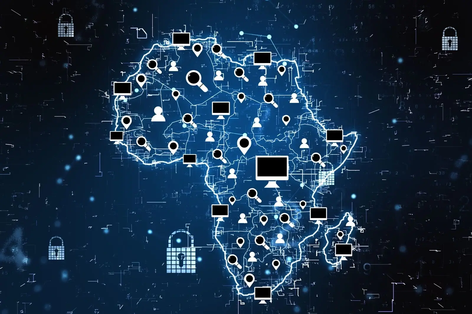 A map of Africa showing computers and search engines across the continent